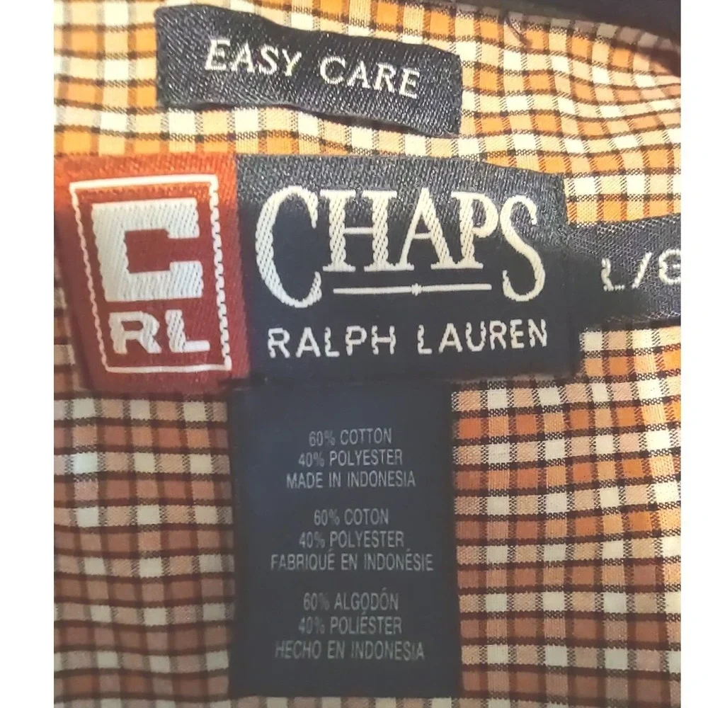 Chaps Ralph Lauren Shirt Large Mens Y2K Norm Core Orange‎ White Mini Plaid Retro